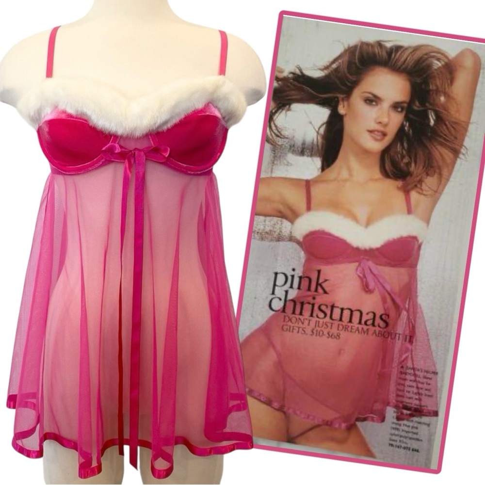 2003 Victoria’s Secret Velvet Pink White Fur Sheer Vintage Sexy Babydoll Slip M